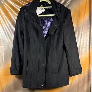 Calvin Klein Women's Black‎ Pea Coat with purple satin liner detachable hood KK